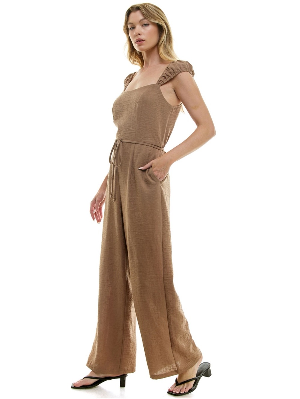 Women’s Brown Wide-Leg Jumpsuit with Tie Waist